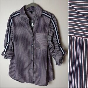 NEW Unique Spectrum Shirt Size Large Top 3/4 Roll-Tab Sleeves Stripes Blue White